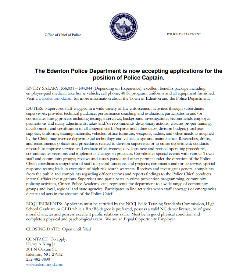 Police Captain Edenton, NC North Carolina Association of Chiefs of